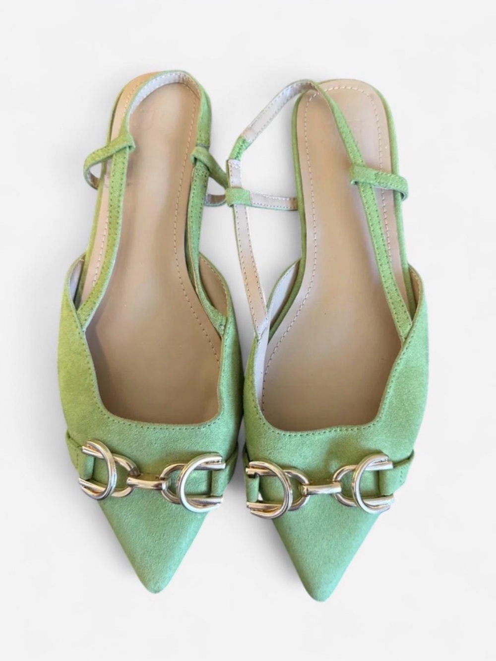 Green Pointed Slingback Flats with Silver Buckle Detail